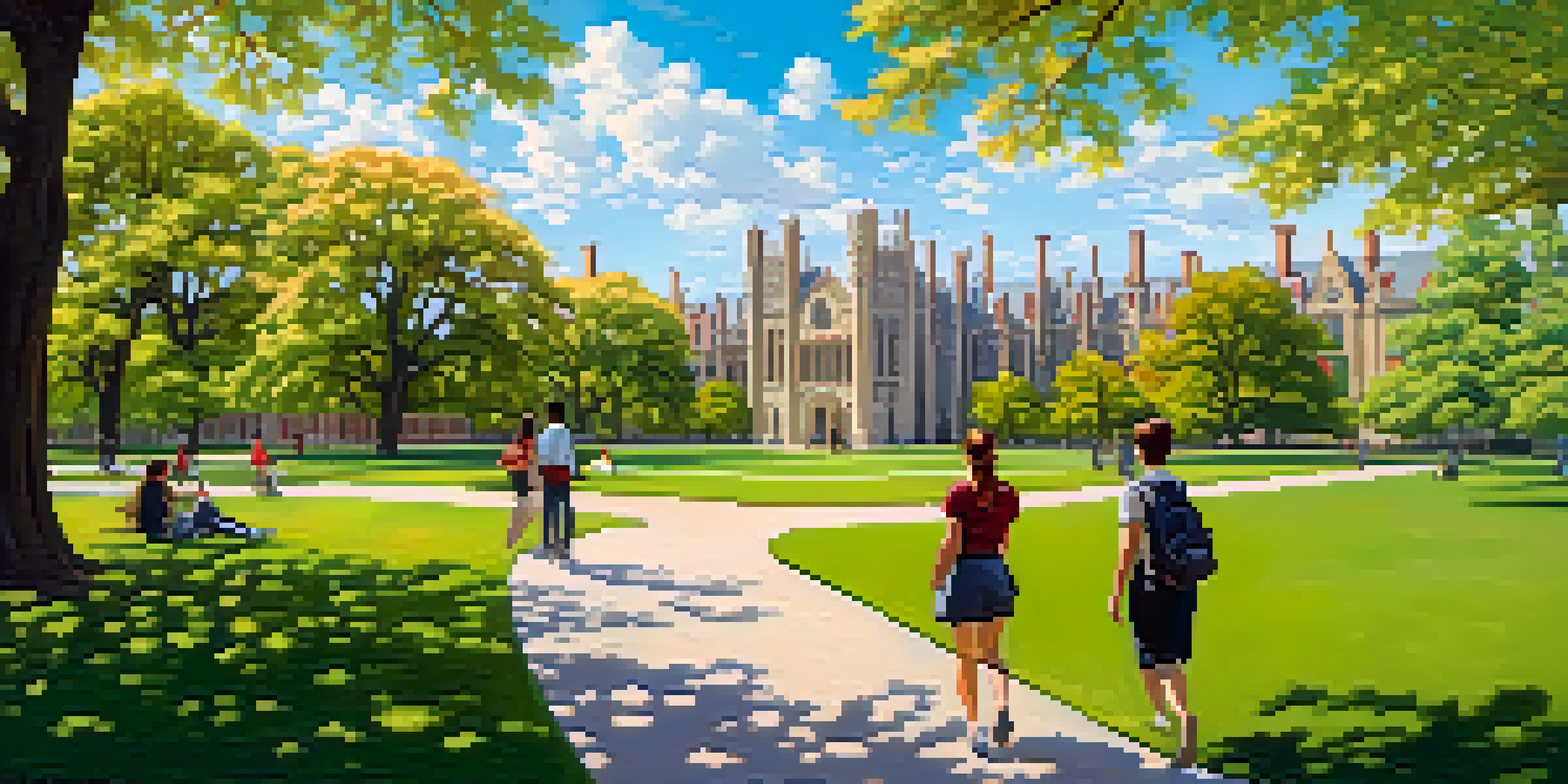 A wide view of the University of Chicago campus in Hyde Park, featuring Gothic buildings and students on green lawns under a sunny sky.