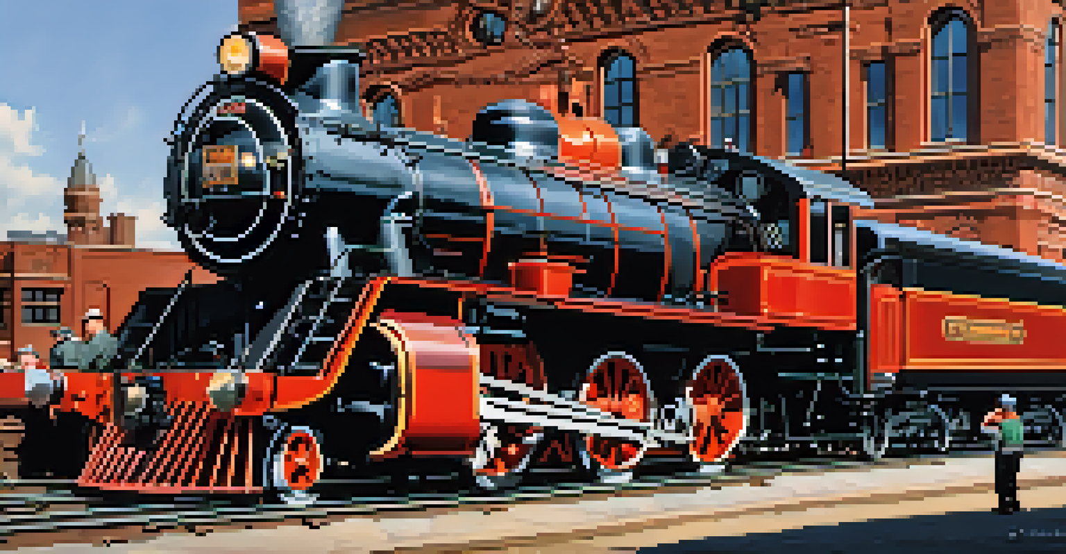 A vintage steam locomotive at a historic Chicago train depot with workers loading goods.