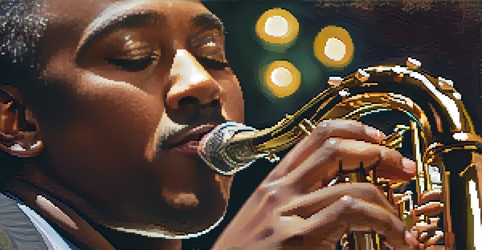 A close-up of a jazz saxophonist passionately playing, illuminated by warm lights, with festival colors softly blurred in the background.