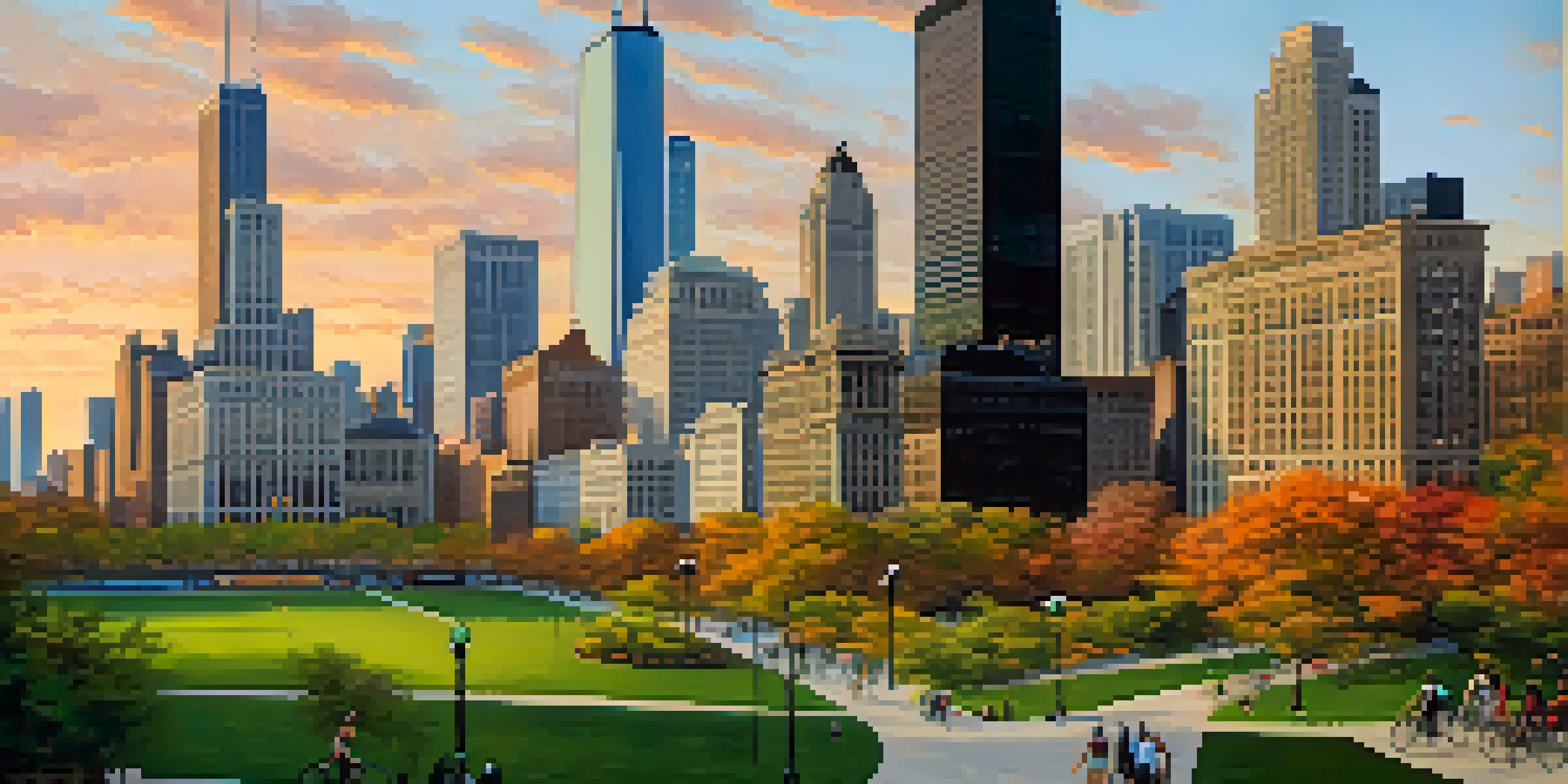 A panoramic view of Chicago's Loop area with modern skyscrapers and green parks, showing diverse people on the streets during sunset.