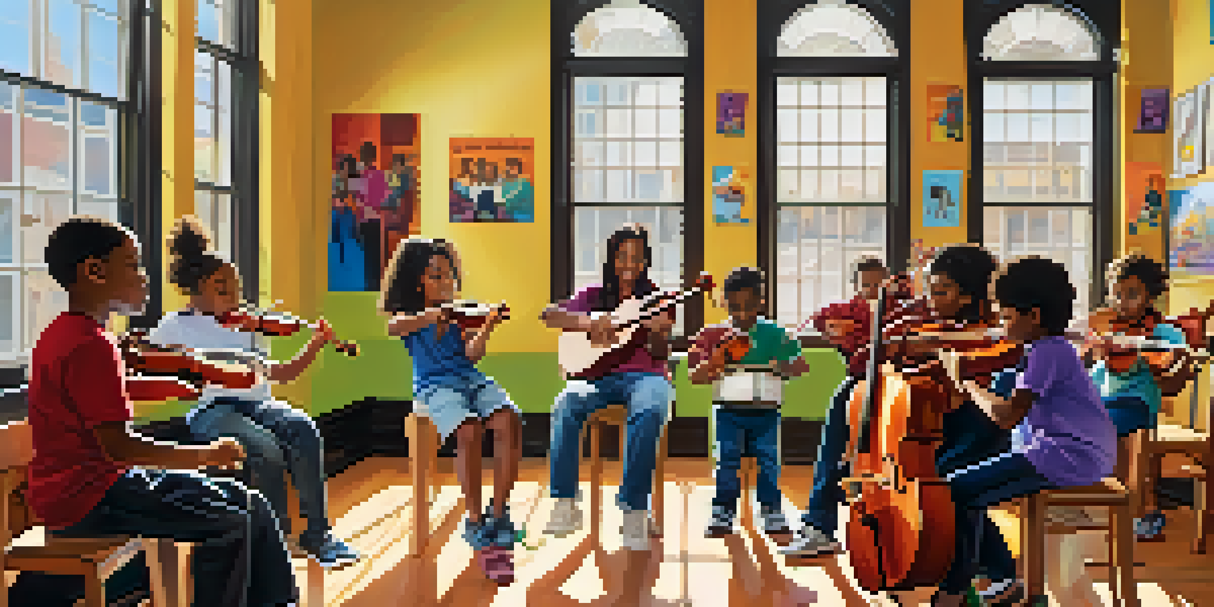 A diverse group of children and adults participating in a community music class, learning to play instruments in a bright and colorful room.