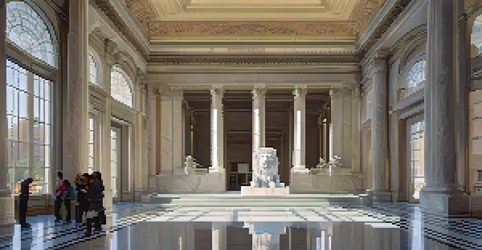 The interior of the Art Institute of Chicago, showcasing grand architecture with marble floors, ornate columns, and natural light.