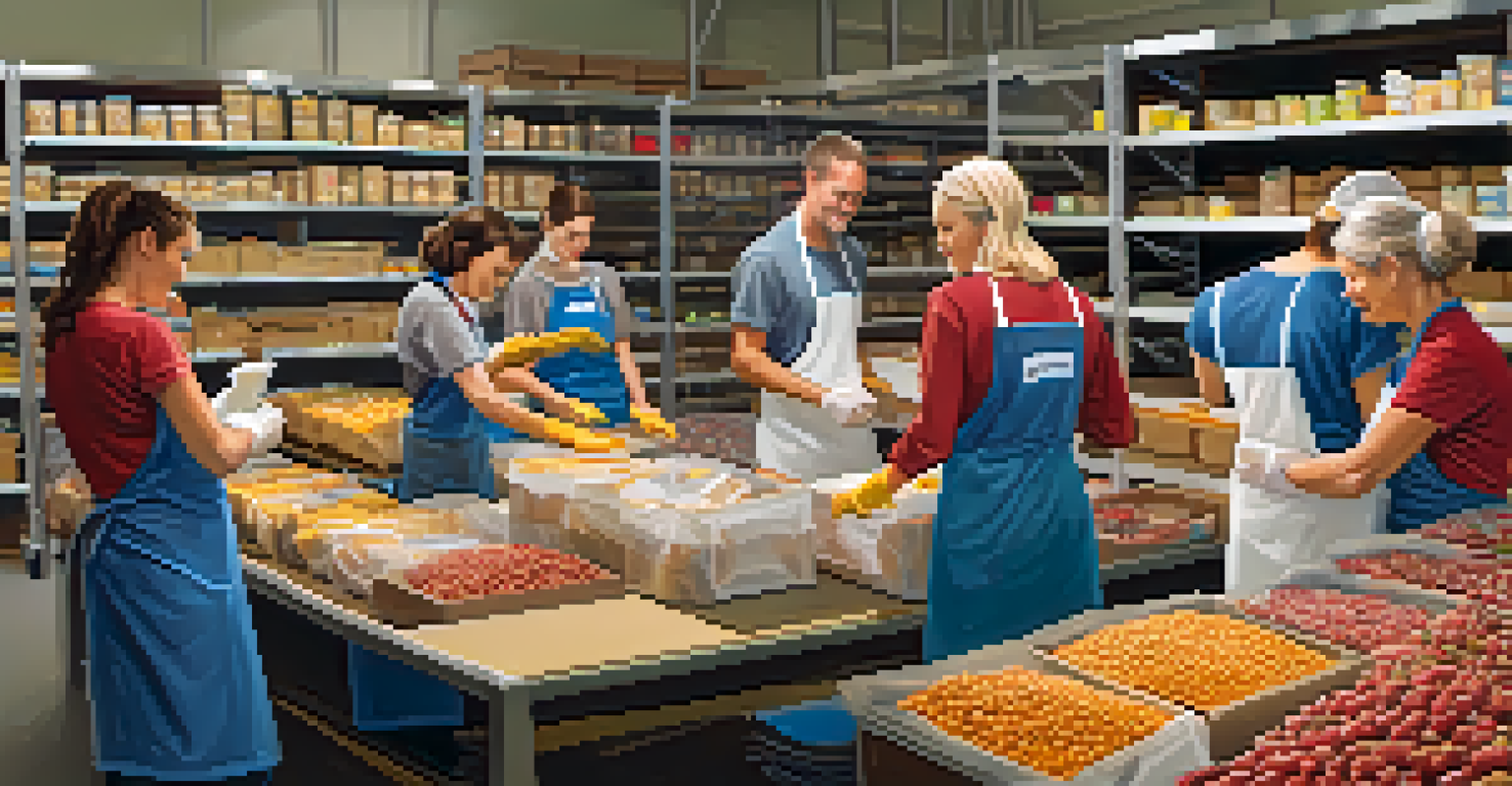 Volunteers working together in a food bank, sorting and packing food with a warm and inviting atmosphere.