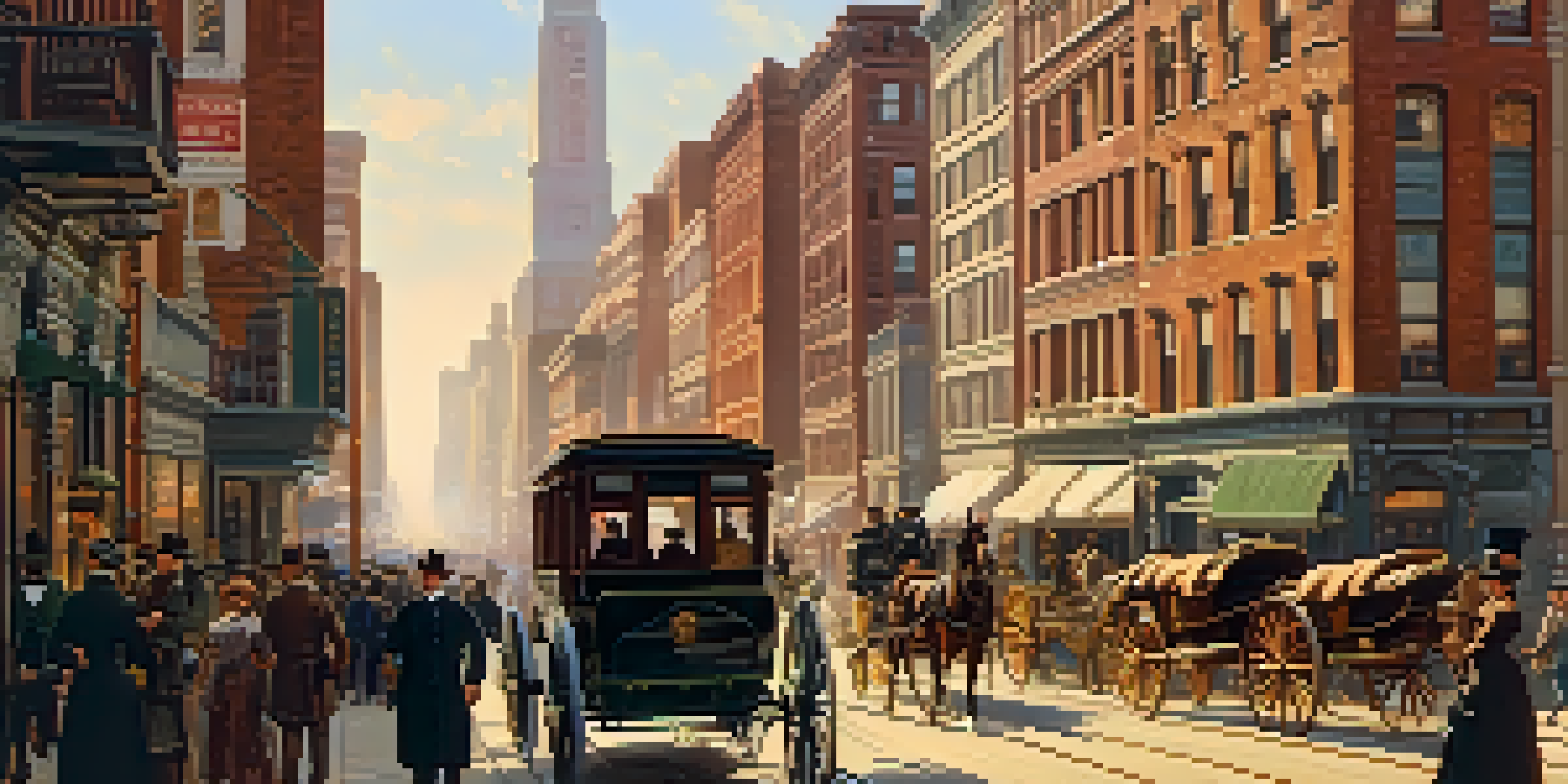 A vibrant street scene in historic Chicago with horse-drawn streetcars and people in 19th-century clothing, bathed in golden sunset light.