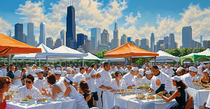 A bustling outdoor food festival in Chicago with chefs serving gourmet dishes and visitors sampling food amidst the city skyline.