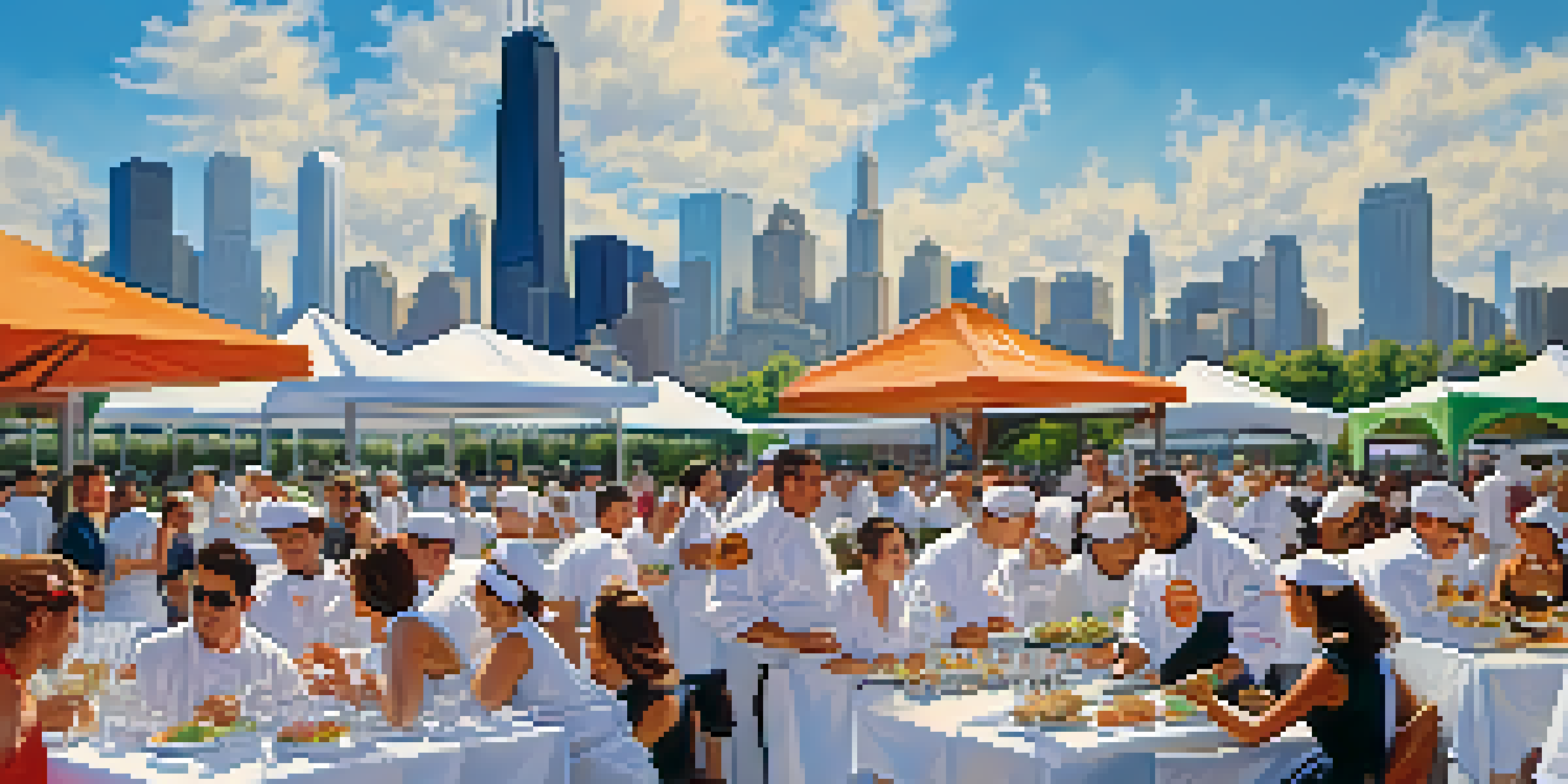 A bustling outdoor food festival in Chicago with chefs serving gourmet dishes and visitors sampling food amidst the city skyline.