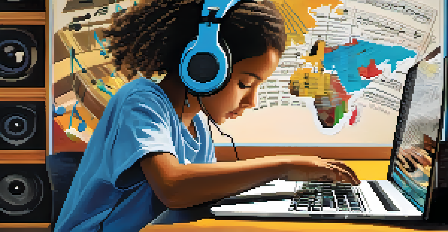 A digital collage showcasing the integration of technology in music education, featuring a laptop, headphones, and a map of musical notes.