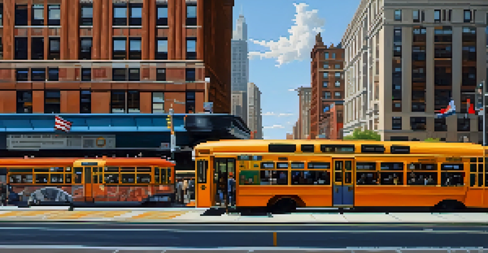 A busy Chicago street with the 'L' train elevated above and colorful buses on the road, depicting commuters and city architecture under a blue sky.