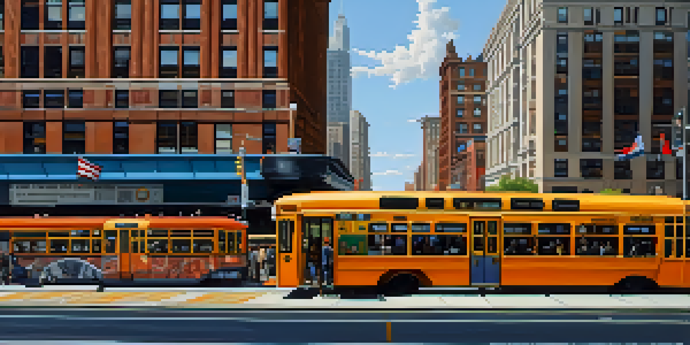 A busy Chicago street with the 'L' train elevated above and colorful buses on the road, depicting commuters and city architecture under a blue sky.