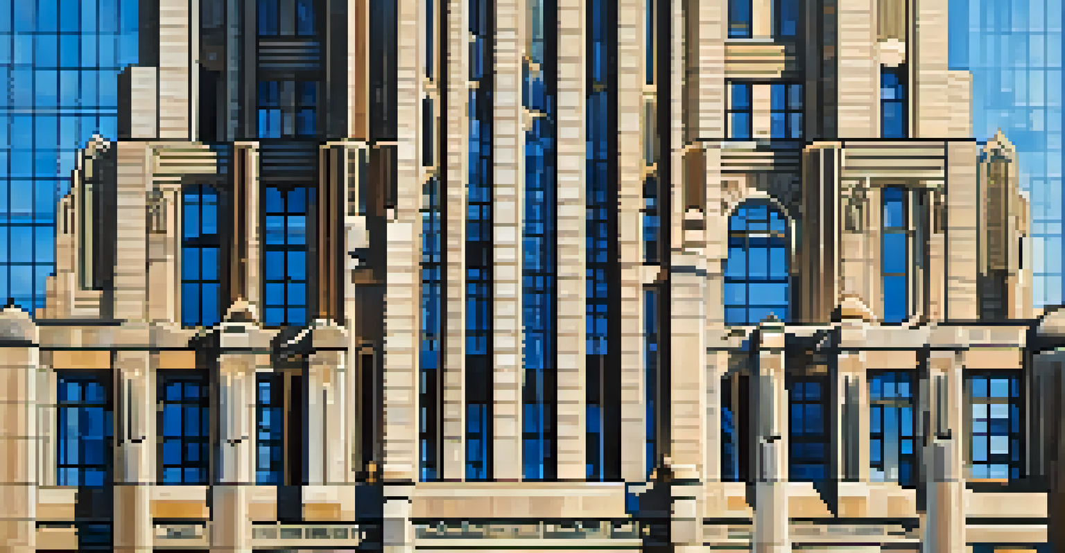 Detailed view of the Art Deco facade of the Chicago Board of Trade Building, showcasing geometric patterns against a clear blue sky.