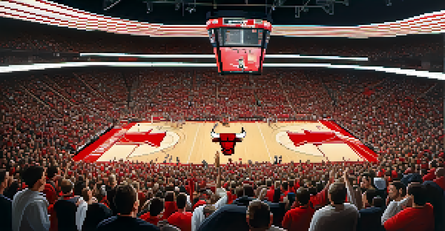 Inside Chicago Stadium during a Bulls game, showcasing cheering fans and the illuminated basketball court.