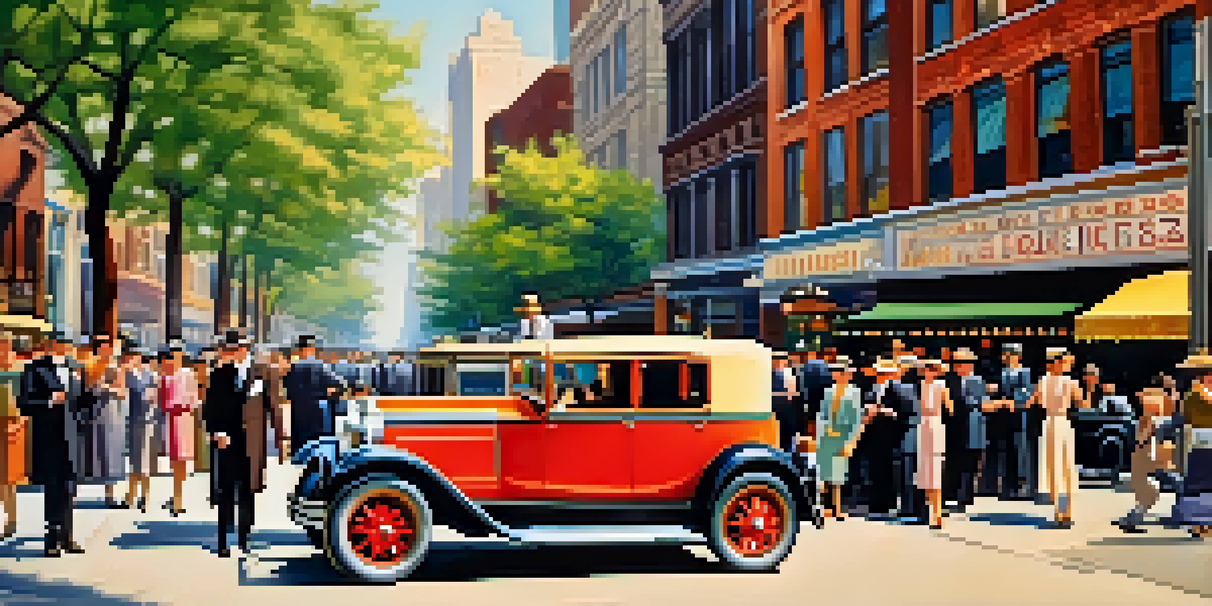 A lively Chicago street scene from the 1920s featuring women in flapper dresses and men in suits amidst Art Deco buildings, with jazz musicians and vintage cars.