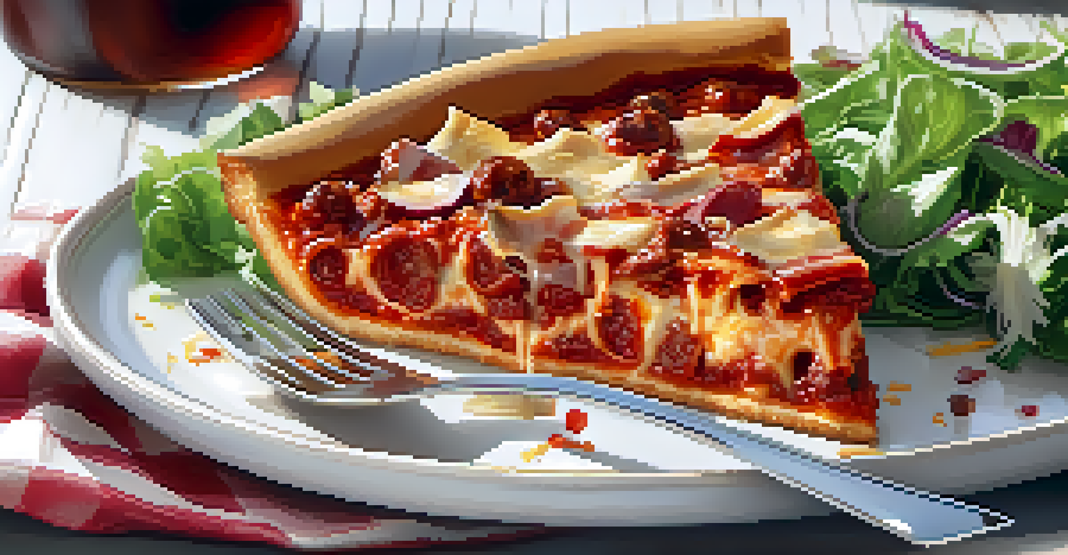 A slice of Chicago-style deep-dish pizza on a white plate, showcasing its thick layers and toppings, with a salad in the background.