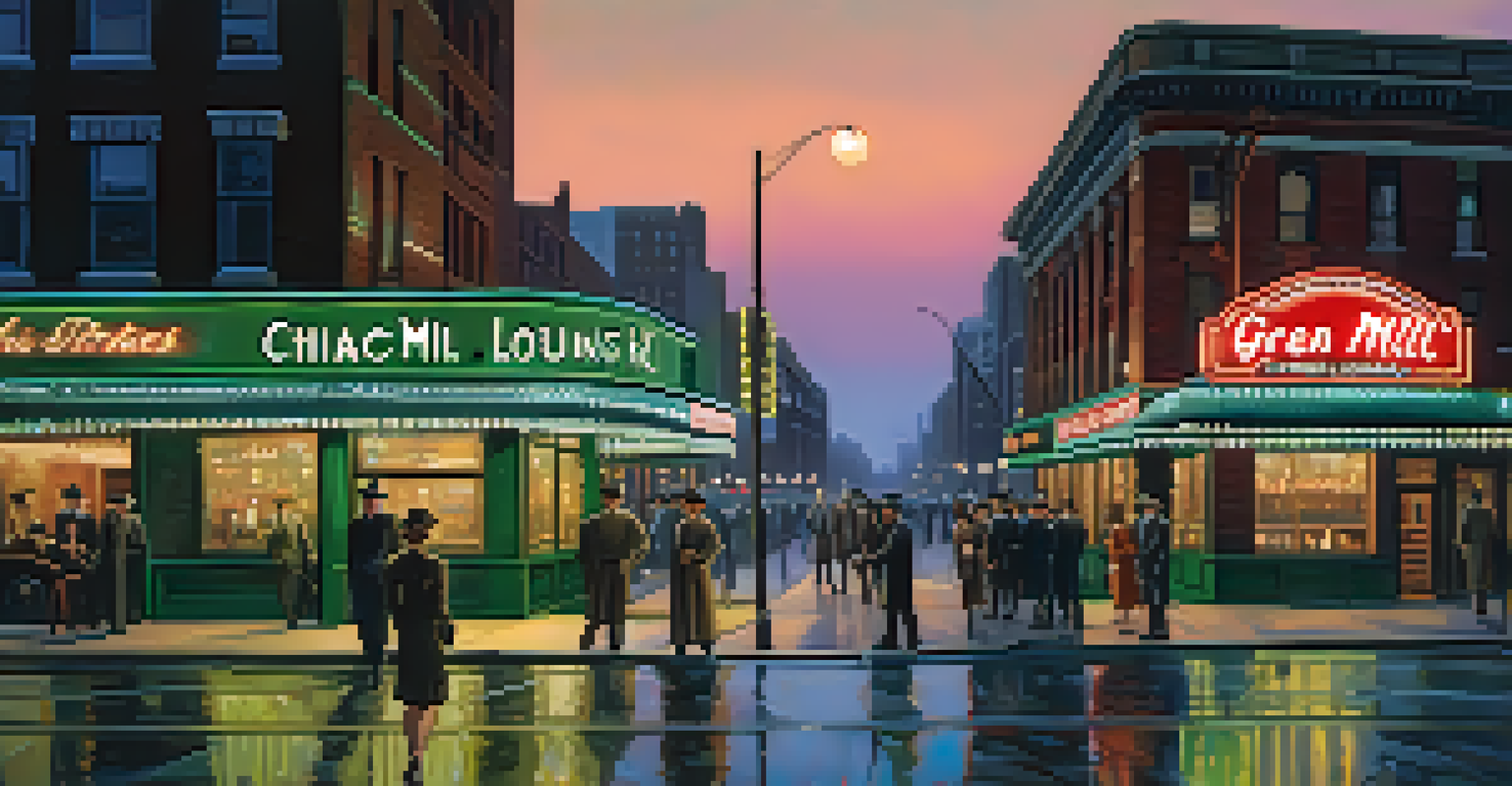The Green Mill Cocktail Lounge in Chicago, illuminated at twilight with vintage neon signage and 1920s patrons.