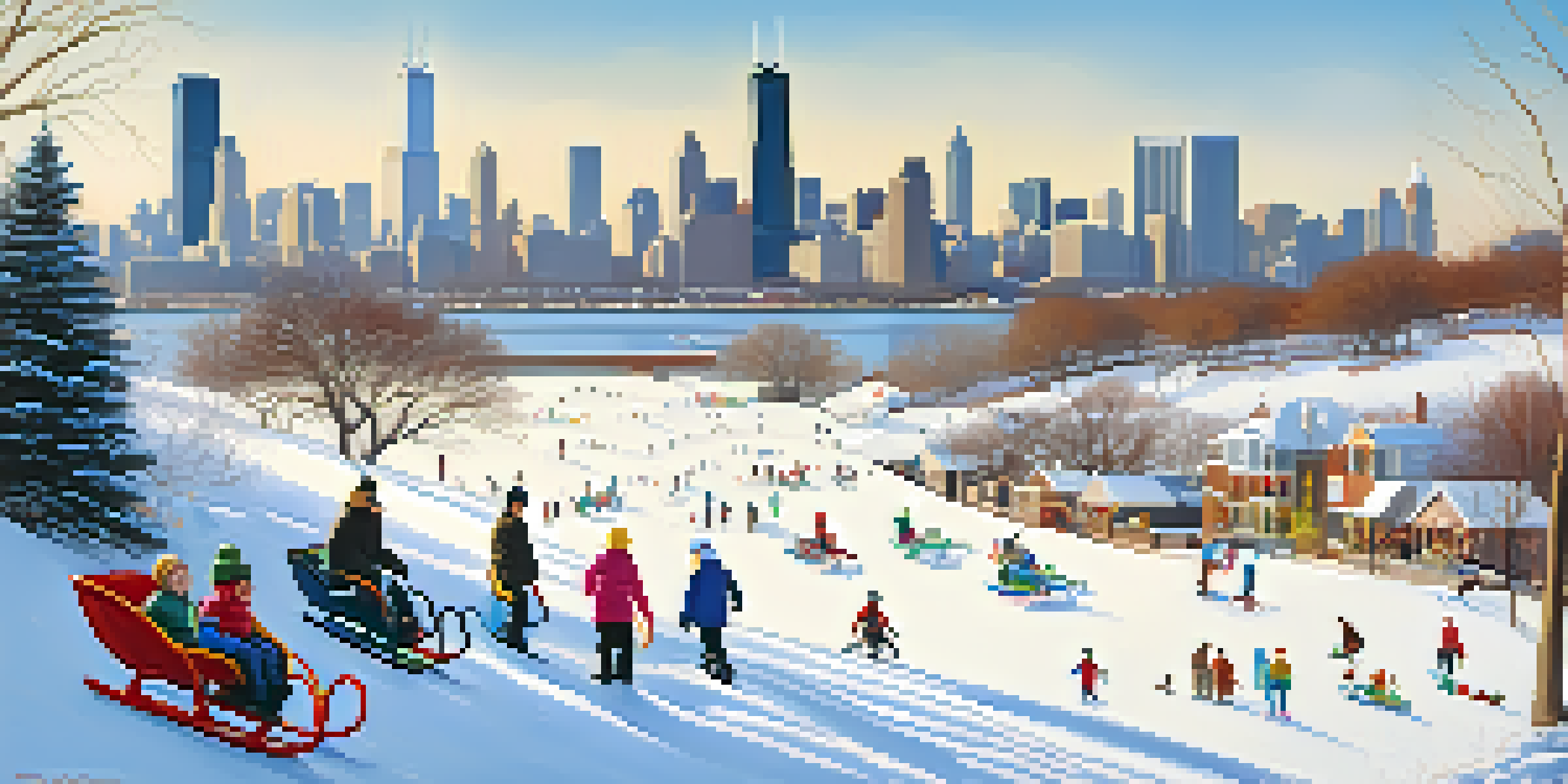 Families enjoying a snowy day at Lincoln Park, sledding with a view of the Chicago skyline.
