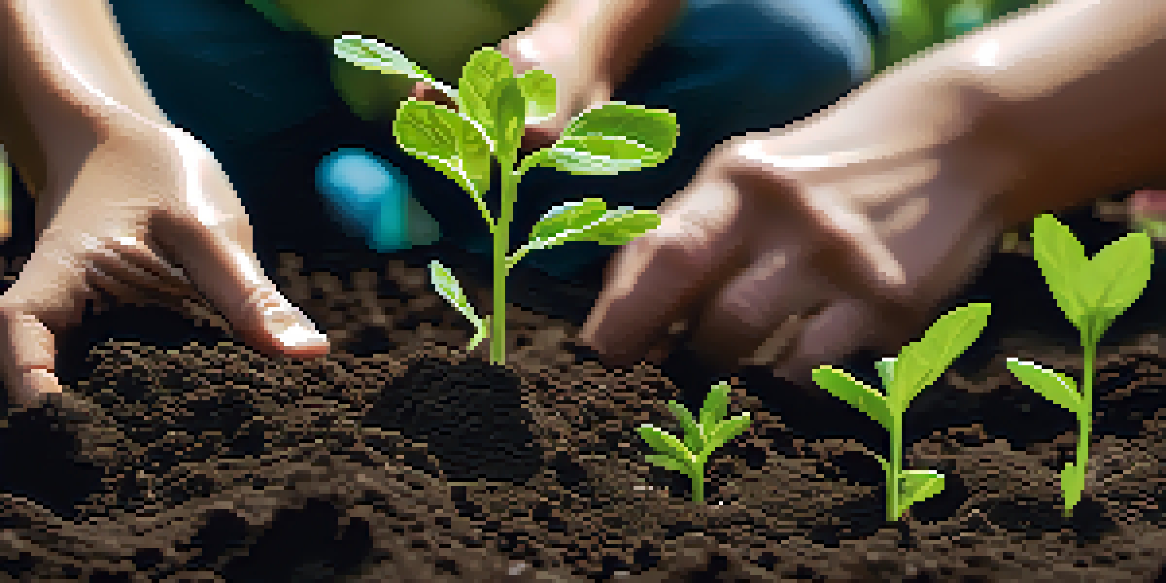 Close-up of hands planting seedlings in soil, showcasing the texture and vibrant colors of the plants.