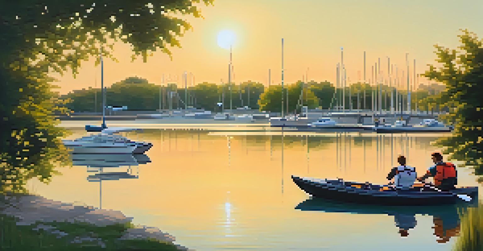 A peaceful view of Montrose Harbor with kayakers and greenery.