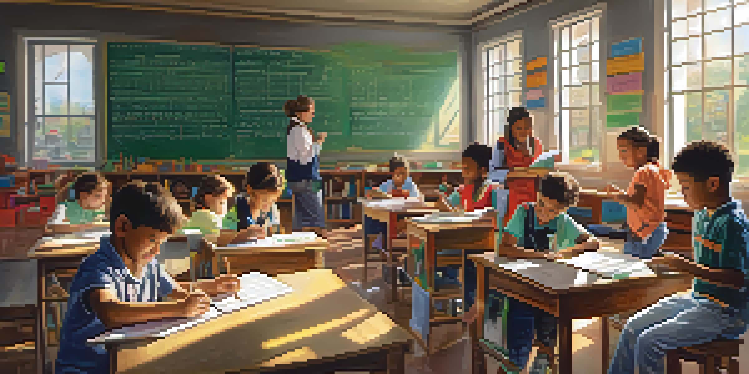 A diverse group of children actively participating in a classroom learning activity, illuminated by sunlight streaming through windows.