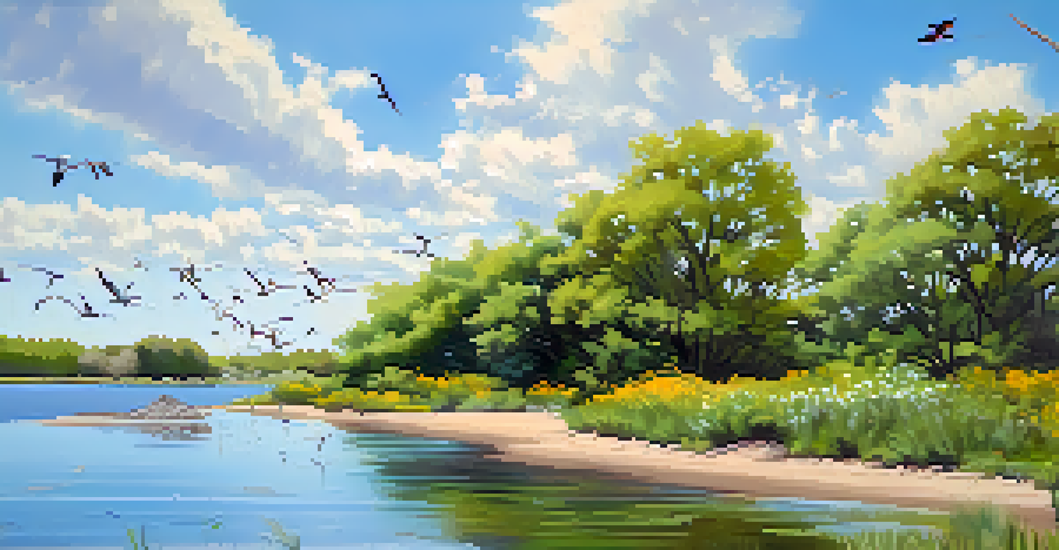 A lively scene at Montrose Point Bird Sanctuary with sandy beaches, gardens, and colorful birds including warblers and shorebirds.