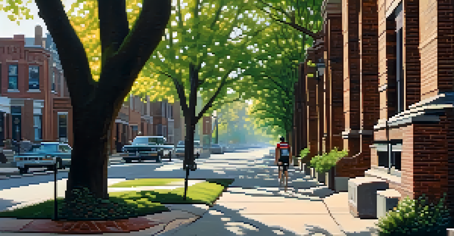 A quiet Chicago street with vintage brick buildings, trees casting shadows, and a cyclist riding in the soft morning light.