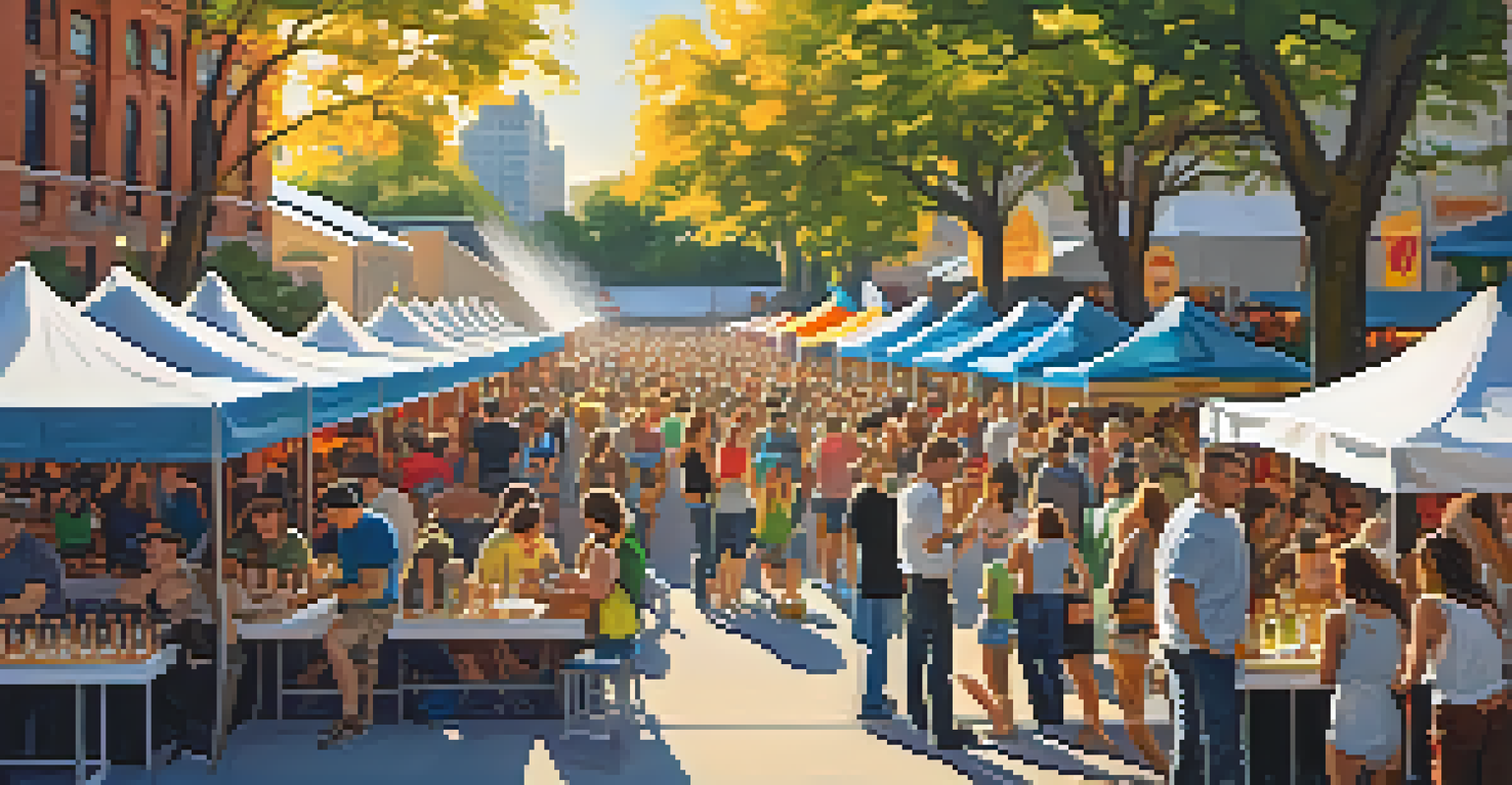 An outdoor beer festival in Chicago with colorful tents, attendees tasting craft beers, and live music in a sunny setting.