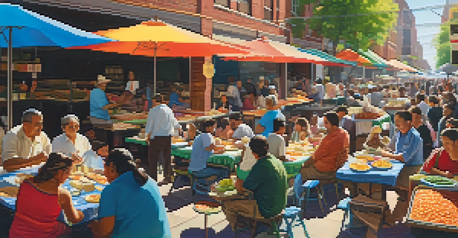 A lively food market in Pilsen with colorful tables showcasing traditional Mexican dishes, families and friends enjoying meals together under bright market umbrellas.