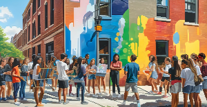 A group of diverse students painting a large canvas together outdoors, surrounded by colorful murals and a sunny Chicago neighborhood.
