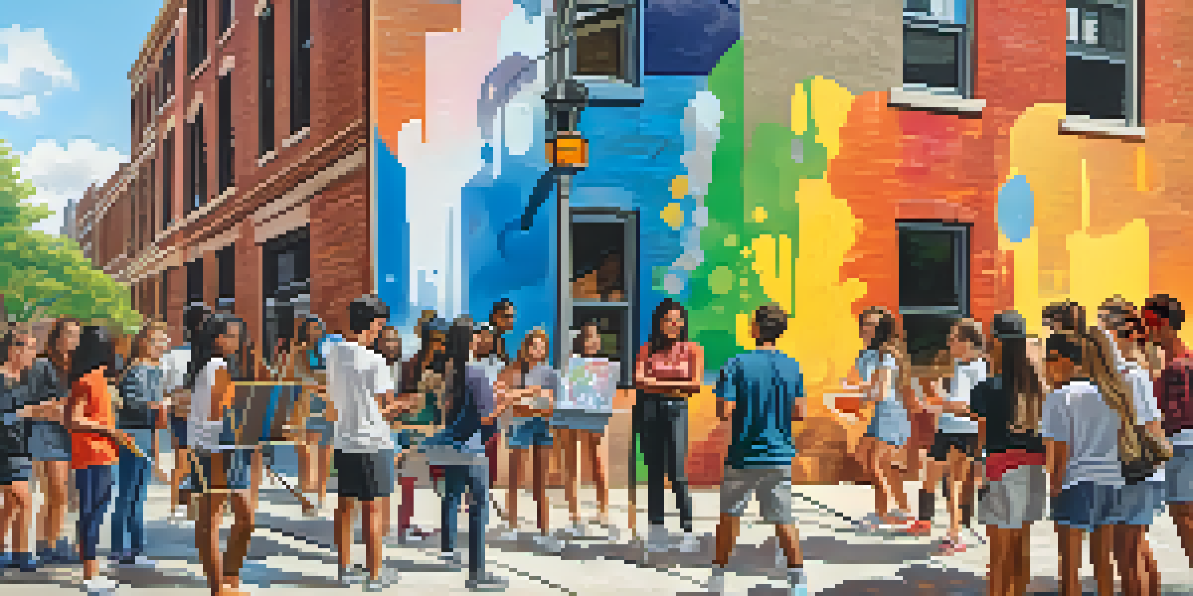 A group of diverse students painting a large canvas together outdoors, surrounded by colorful murals and a sunny Chicago neighborhood.
