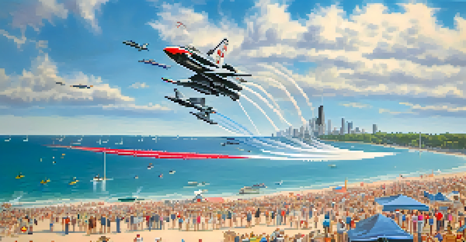 An aerial view of the Chicago Air and Water Show featuring military jets performing over Lake Michigan, with local artists displaying aviation-themed art along the beach.