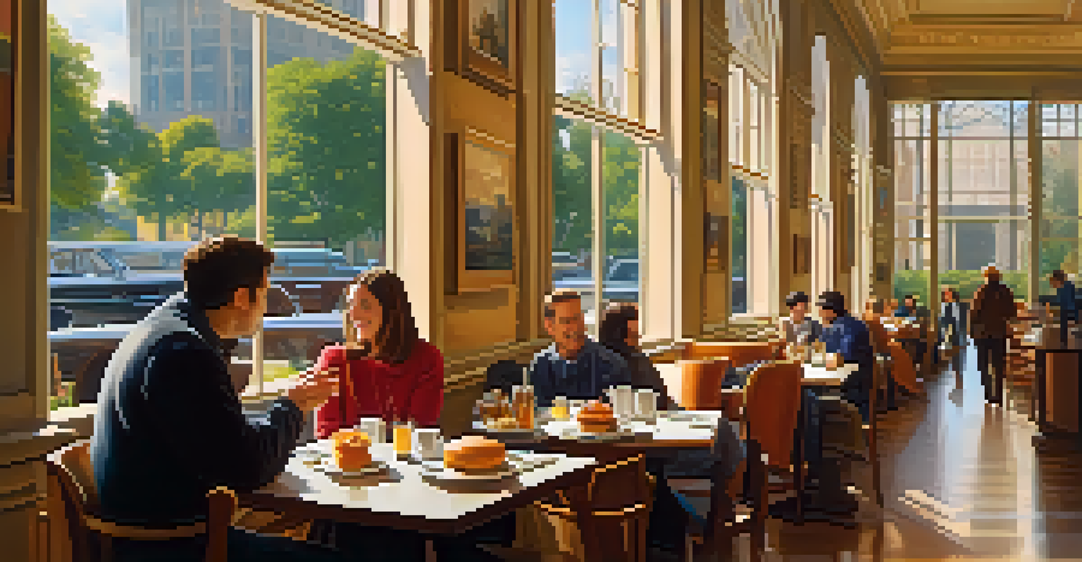 A cozy café scene in the Art Institute of Chicago with visitors enjoying food and drinks amidst art-inspired décor.