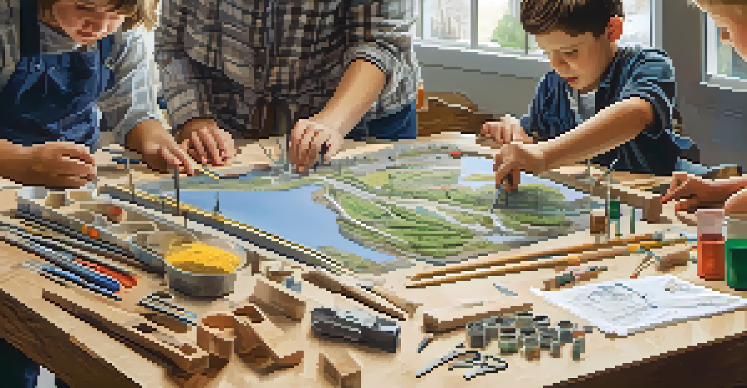 Families working together in an engineering lab to build a bridge from common materials, with tools and creativity in action.