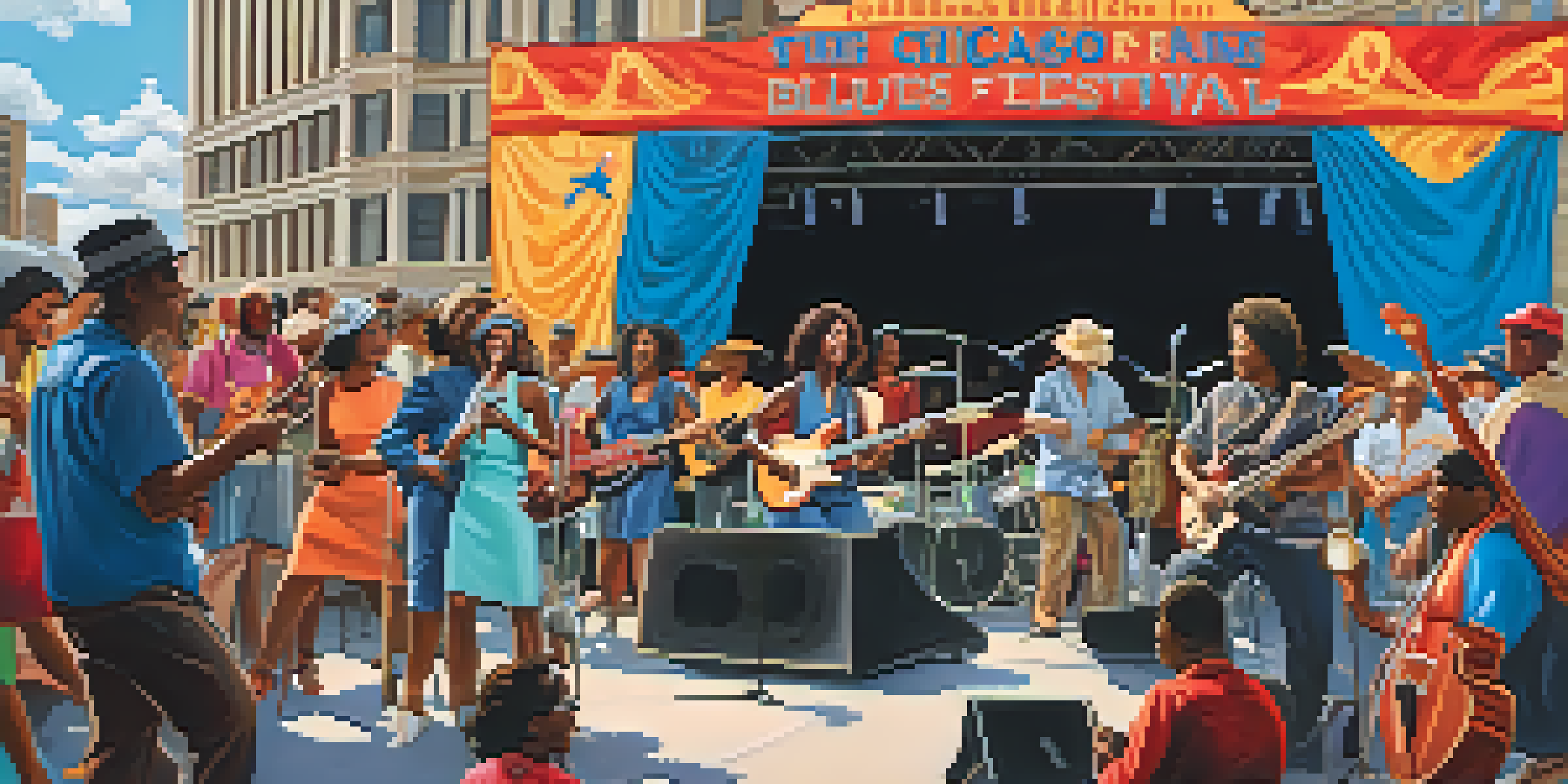 A lively outdoor music festival scene with diverse musicians performing, a crowd dancing, and iconic Chicago buildings in the background.
