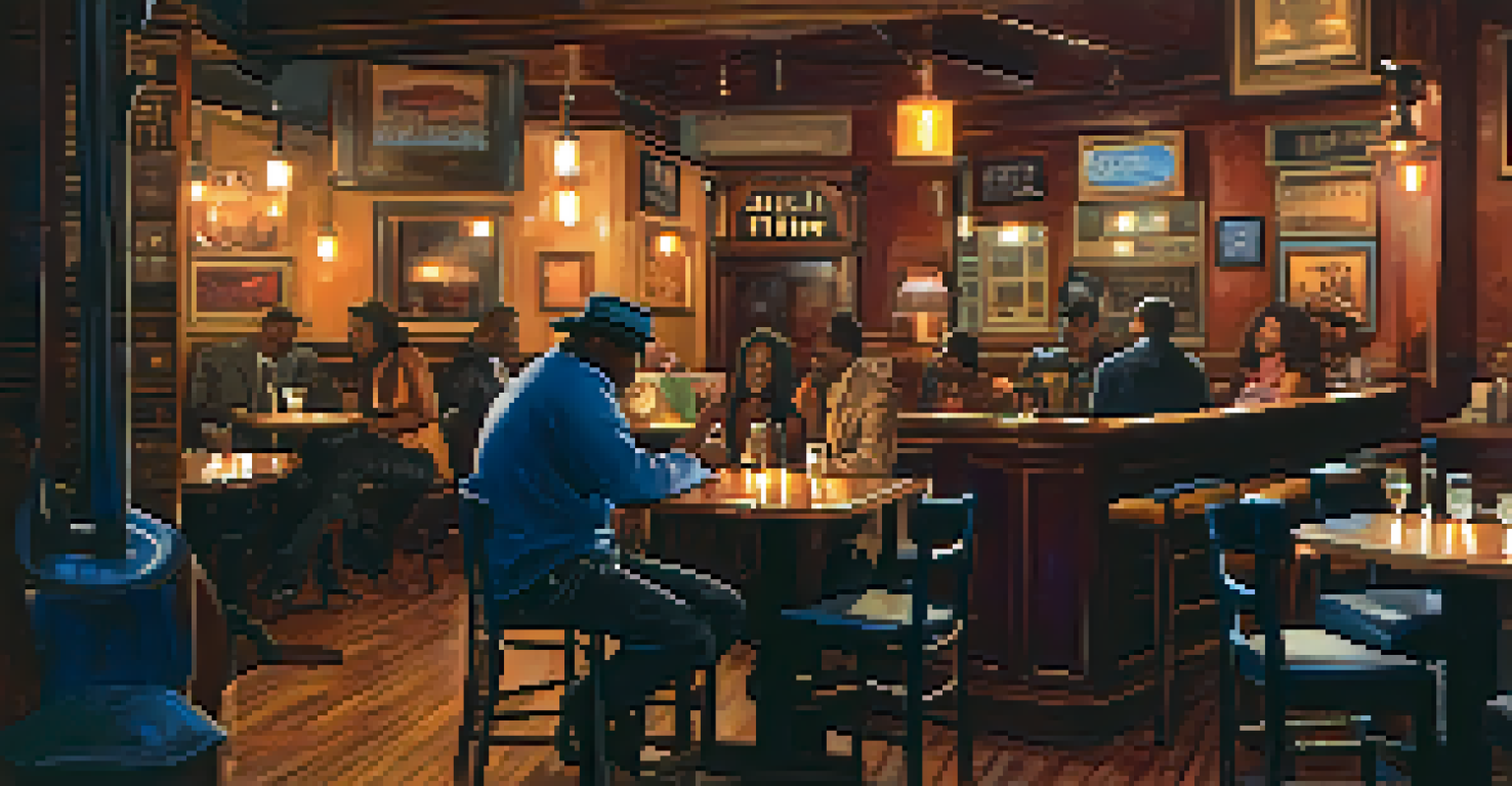 A cozy blues club in Chicago with a guitarist and vocalist performing, dim lighting, and patrons enjoying the music.