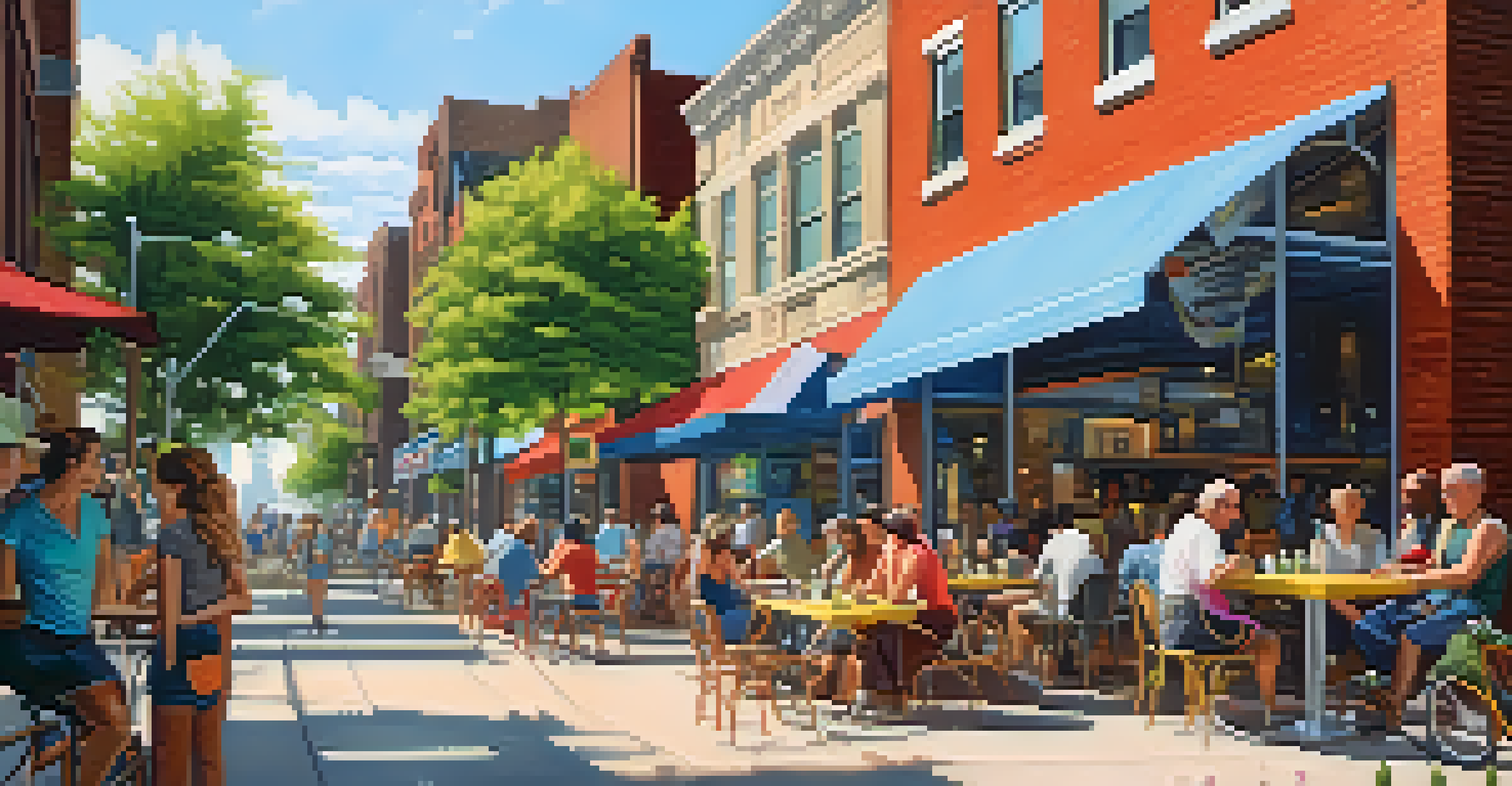 A lively street scene in a Chicago neighborhood with outdoor dining, colorful murals, and people enjoying the atmosphere.