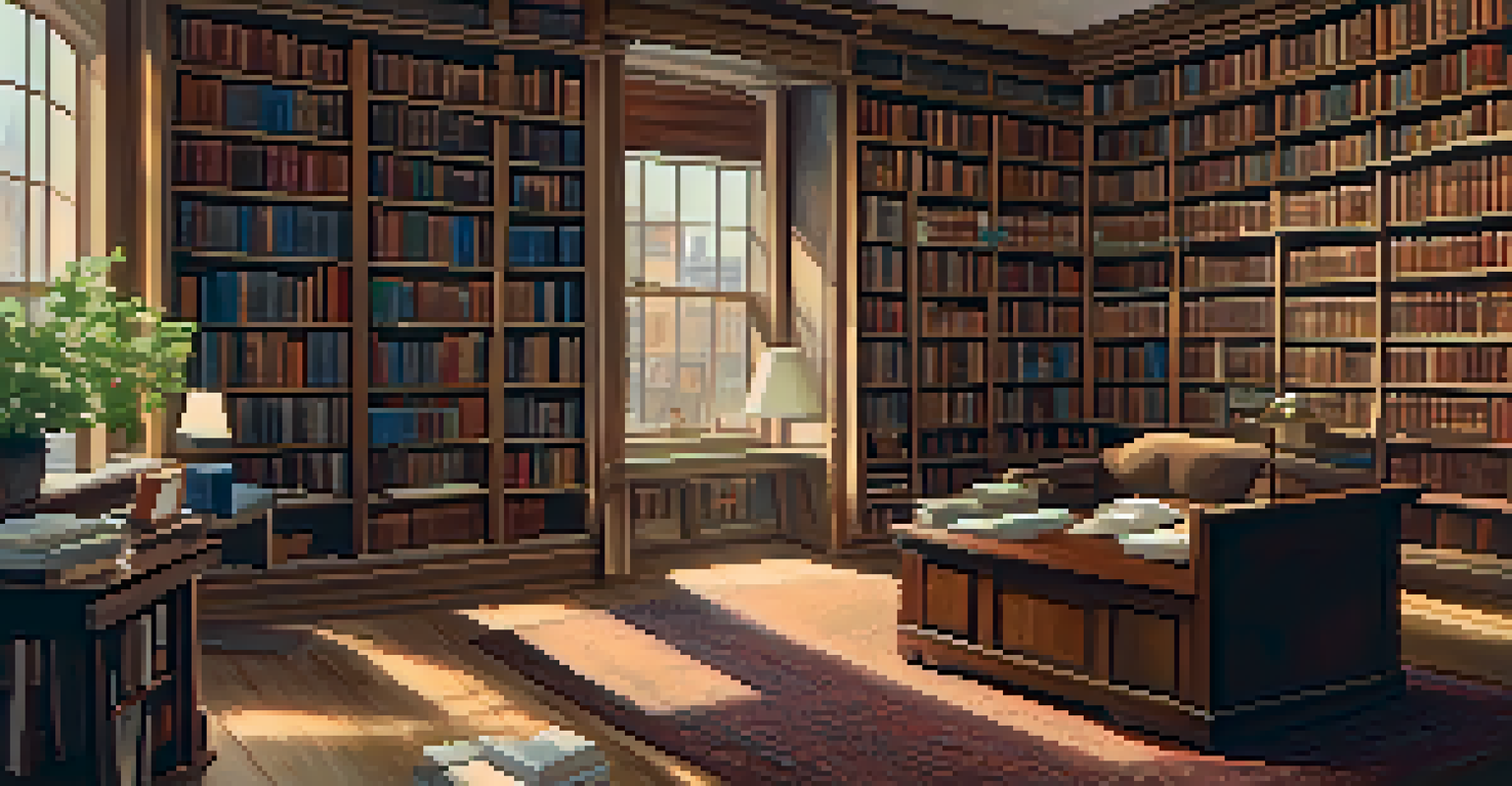 A peaceful library scene with an open book on a table, surrounded by photographs and quotes, illuminated by soft sunlight, conveying a sense of storytelling.
