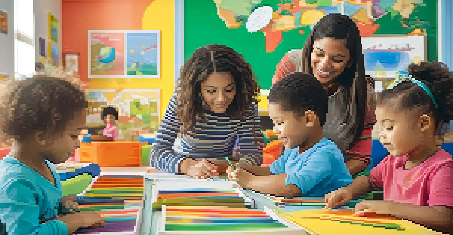 Children in a colorful early childhood education classroom engaged in learning activities, surrounded by educational posters and toys.