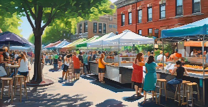 A lively street food festival in Chicago with food trucks and people enjoying gourmet tacos and donuts.
