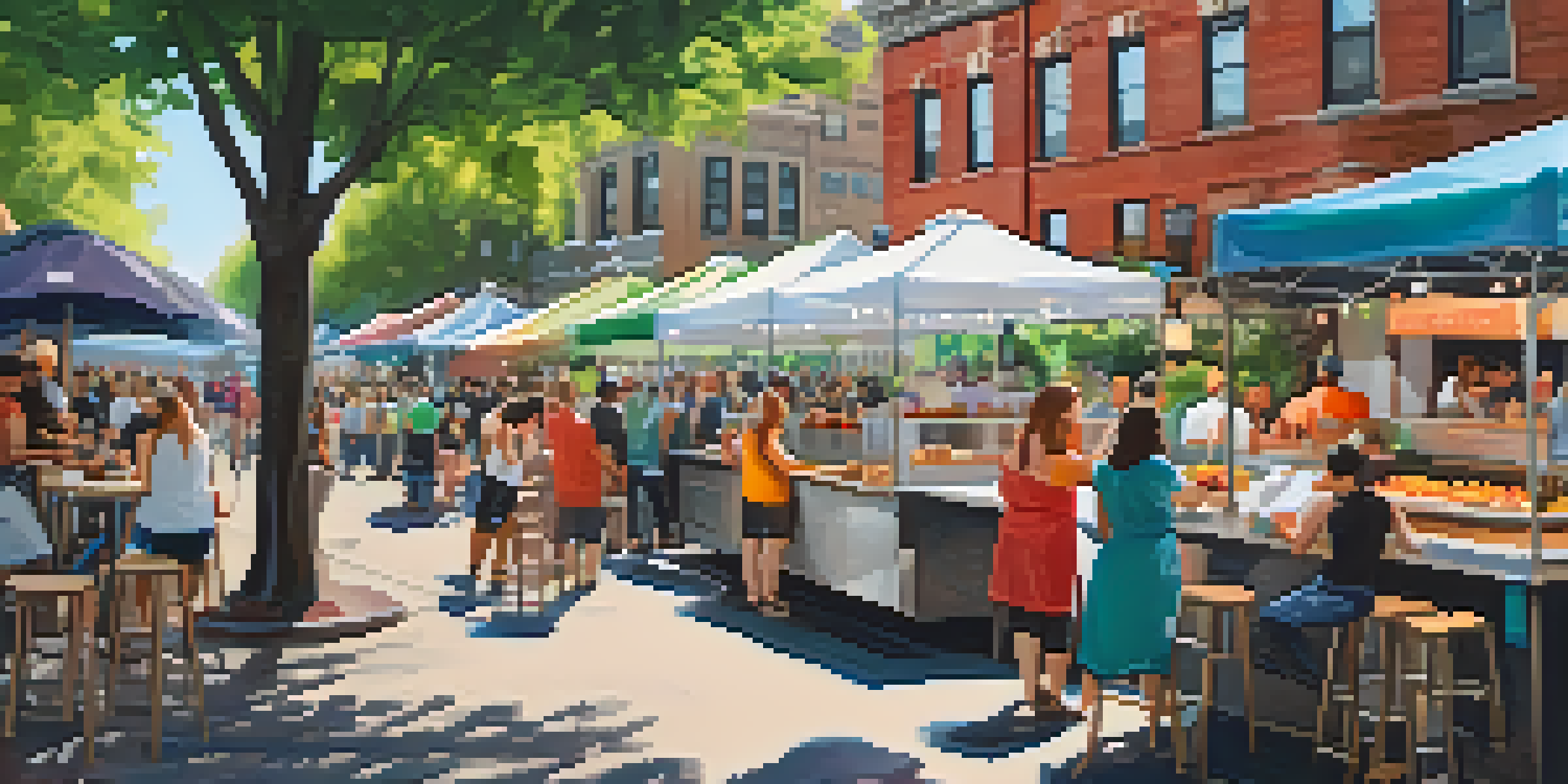 A lively street food festival in Chicago with food trucks and people enjoying gourmet tacos and donuts.