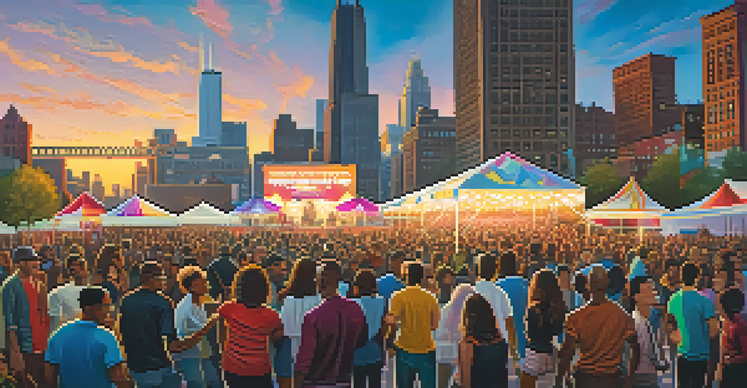 A vibrant music festival in Chicago featuring diverse artists and a lively crowd against the city skyline.