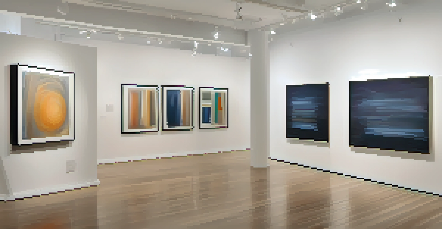 Inside a modern art gallery in River North, showcasing sculptures and abstract paintings under soft lighting, with visitors interacting with the art.