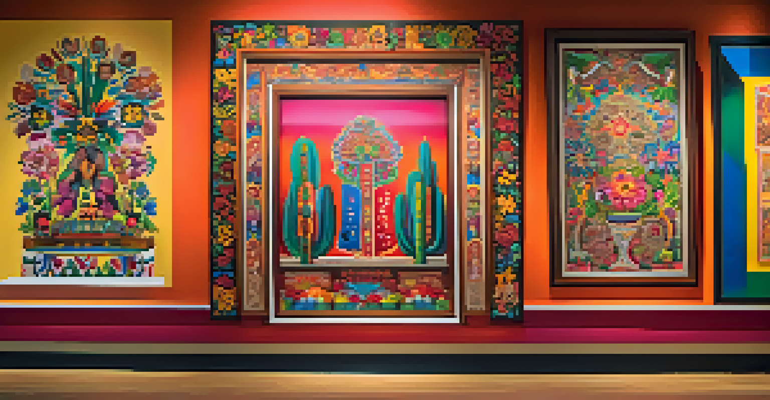 An exhibit in the National Museum of Mexican Art featuring colorful traditional folk art and vibrant murals.