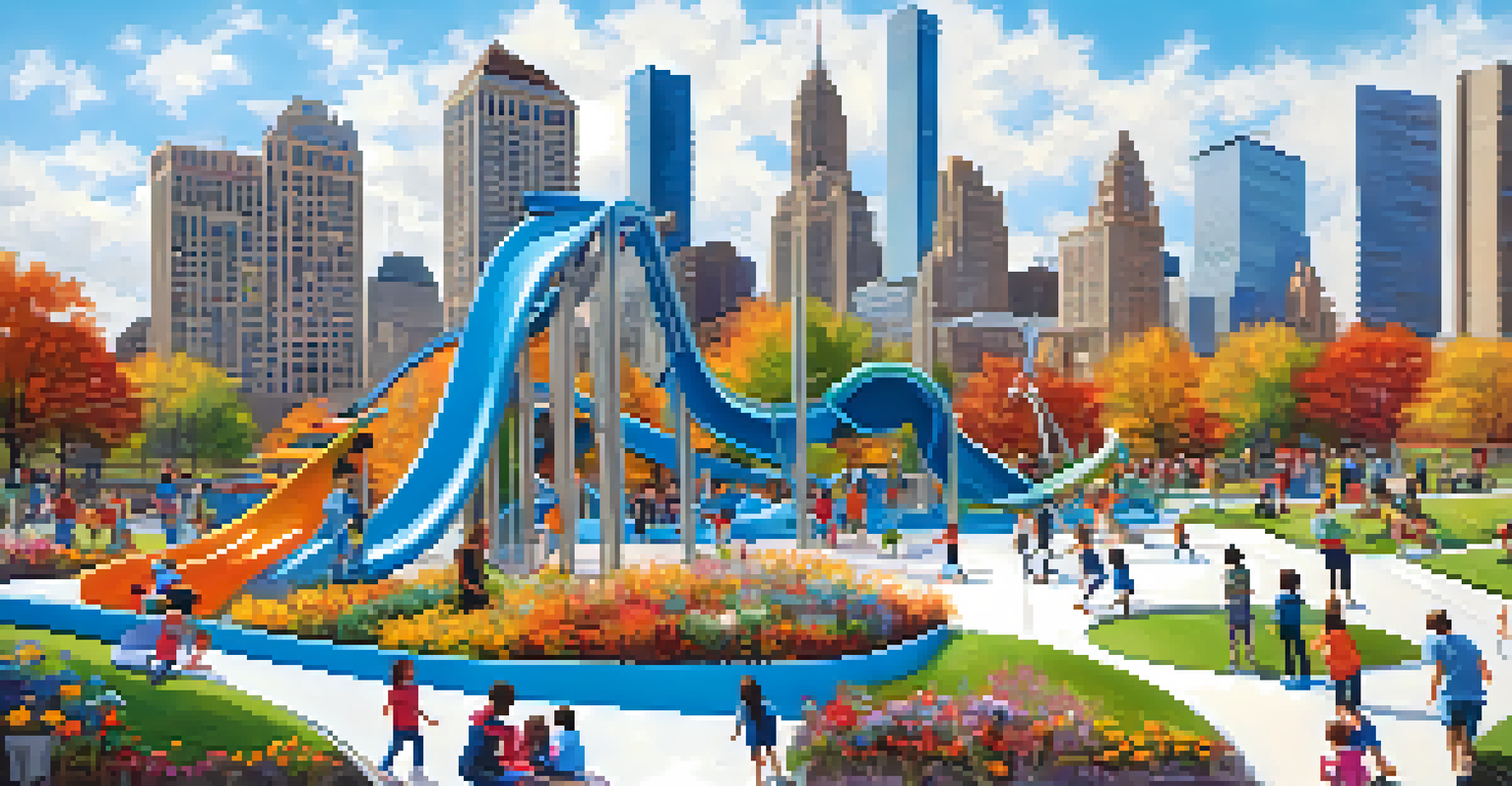 Children playing at Maggie Daley Park with climbing structures and families enjoying the skating ribbon, set against a city skyline.