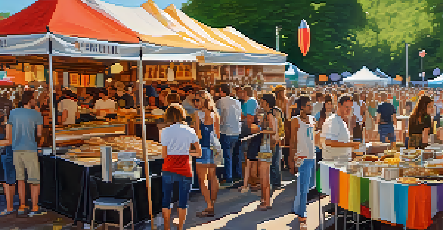 Artisan food vendors showcasing various dishes and craft beers at a lively music festival.