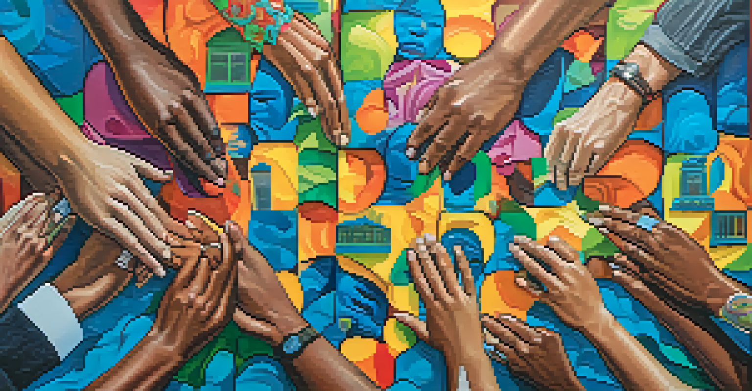 Diverse hands painting a colorful mural on a community wall, showcasing themes of unity and hope in Chicago.