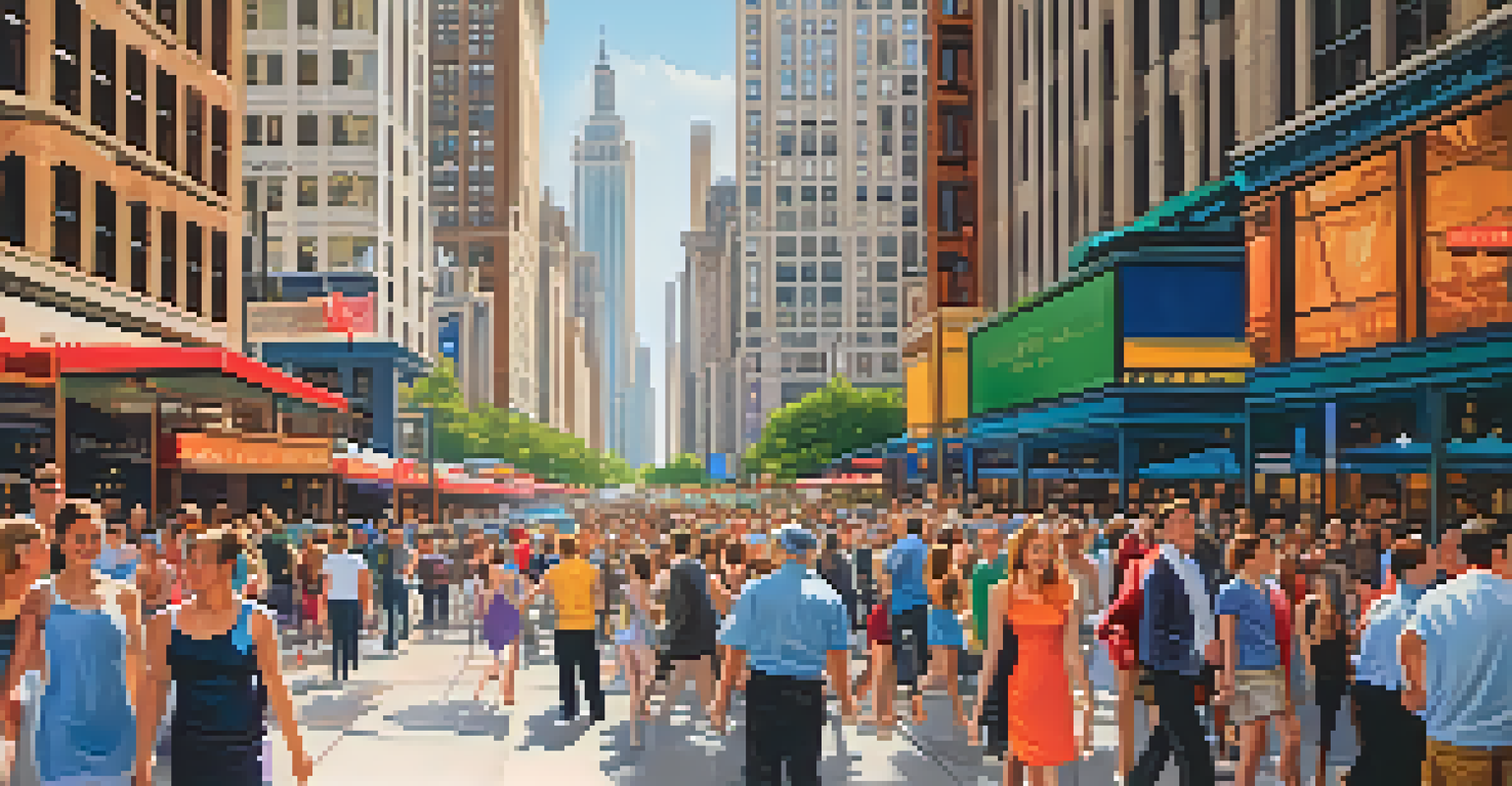 A busy Michigan Avenue in Chicago with pedestrians, outdoor cafes, and modern skyscrapers in the background.