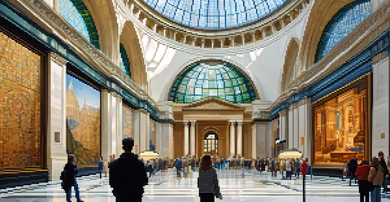 The interior of the Art Institute of Chicago featuring mosaics and a Tiffany dome.