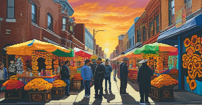 A colorful street scene in Pilsen celebrating Día de los Muertos, with altars, marigolds, sugar skulls, and vibrant murals, as community members dressed in traditional attire celebrate together.