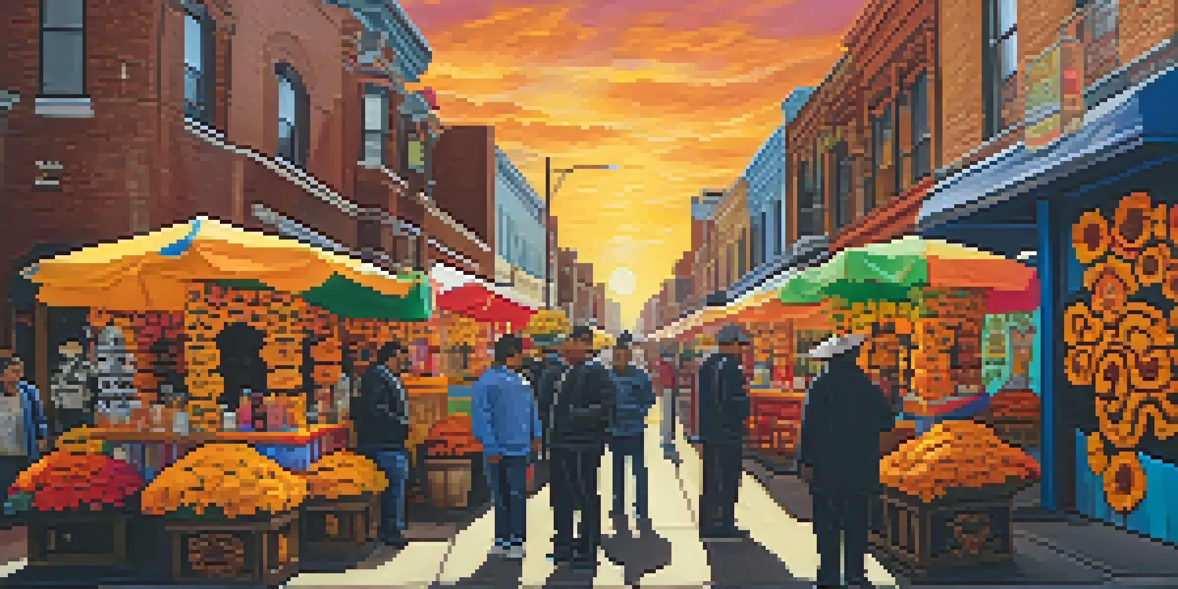 A colorful street scene in Pilsen celebrating Día de los Muertos, with altars, marigolds, sugar skulls, and vibrant murals, as community members dressed in traditional attire celebrate together.