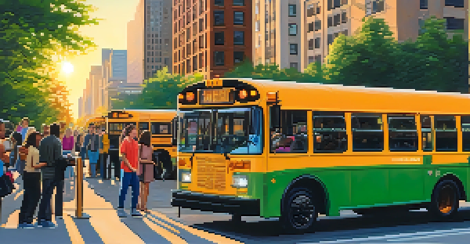 A busy Chicago street with electric buses and a sunset skyline, showcasing diverse people and greenery.