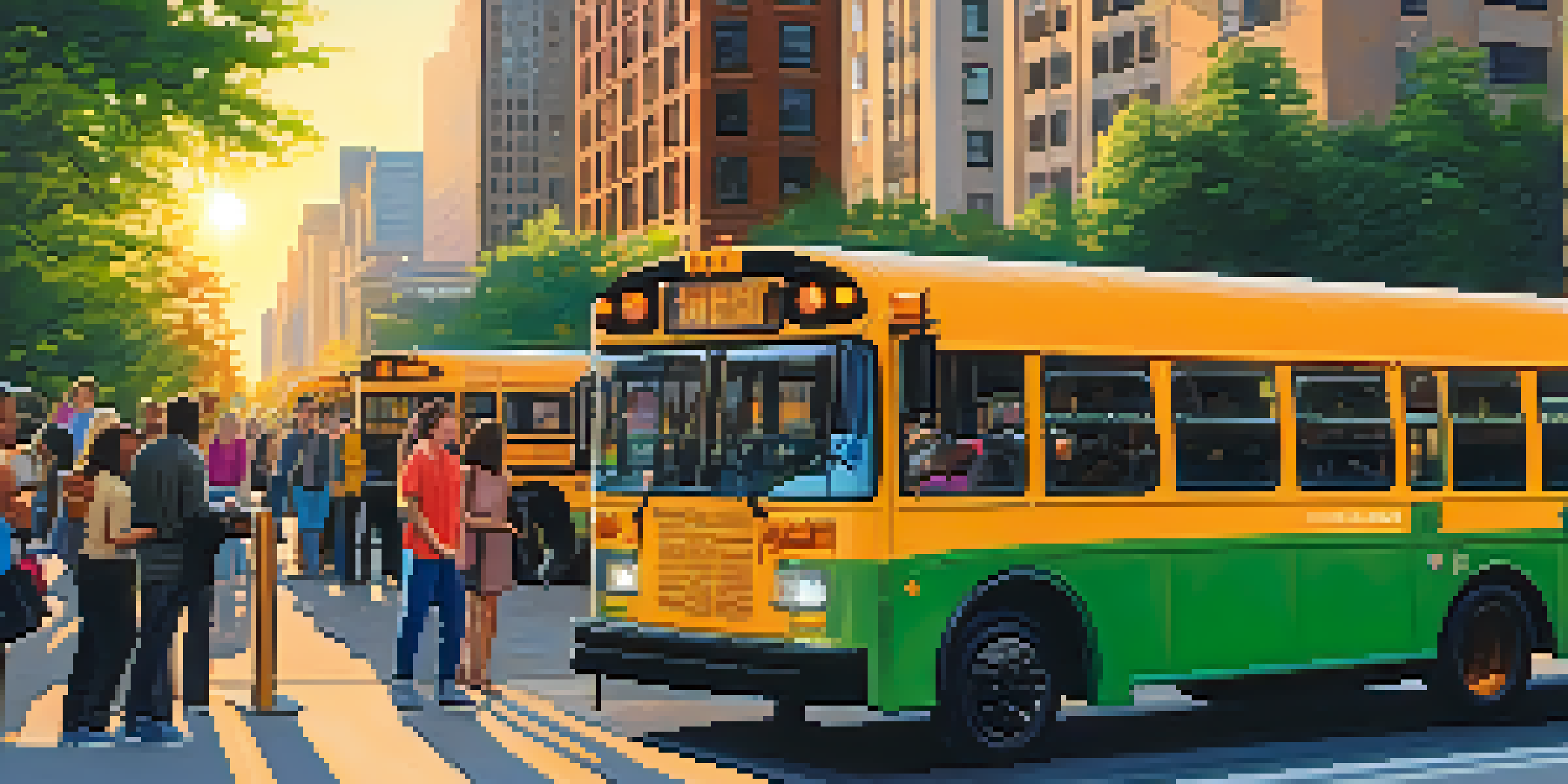 A busy Chicago street with electric buses and a sunset skyline, showcasing diverse people and greenery.